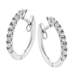 Our beautiful white gold 1/2 carat diamond hoop earrings are prong set with .47 ctw of diamonds
