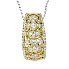 This 18K yellow gold diamond pendant features clusters of diamonds 0.53 ctw set in gold oval bezels, and suspended on a white gold 18 chain