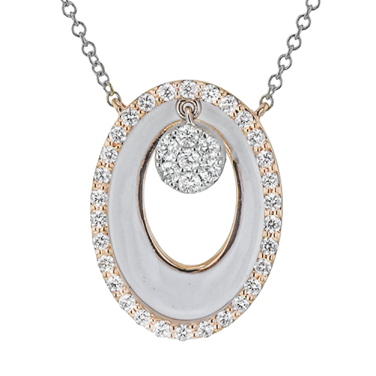 A modern circle, this 18k white and rose gold pendent features .34cttw diamonds and white enamel.