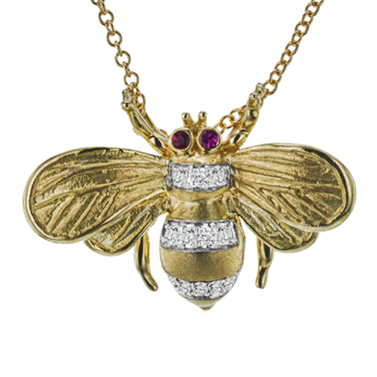 18K Yellow gold bee pendant has a brushed textured finish with 0.07 ctw diam and .02 ctw Rubies for eyes, on an 18 chain