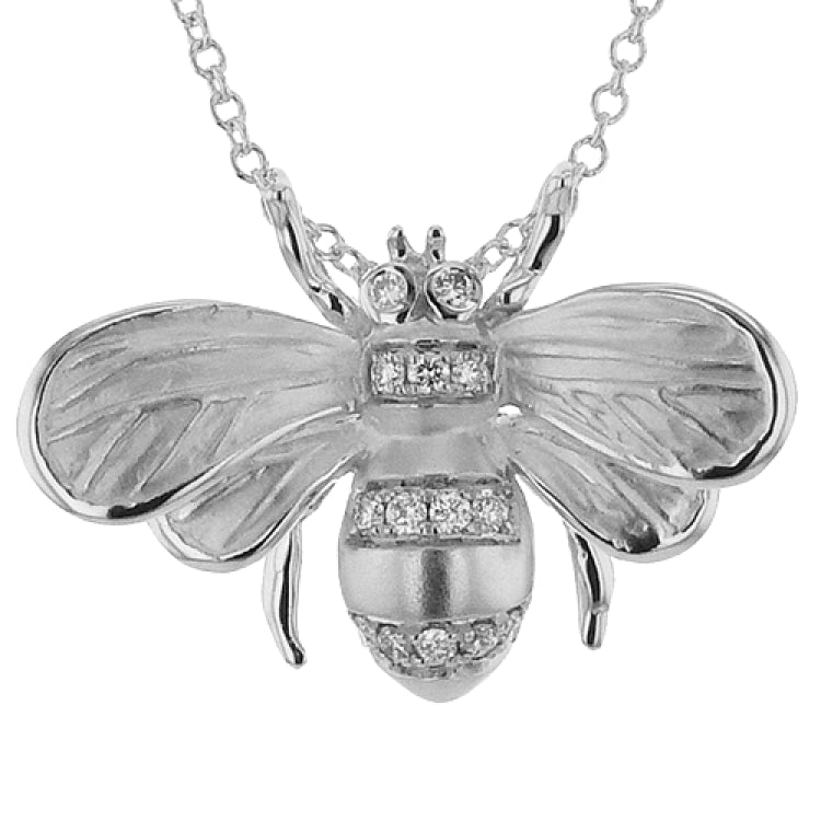 18K Yellow gold bee pendant has a brushed textured finish with 0.07 ctw diam and .02 ctw Rubies for eyes, on an 18 chain