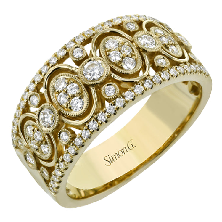 Crafted from 18k yellow gold, this wide fashion ring contains with .52 ctw of white diamonds set within repeating round and oval shapes, creating a lovely effect.