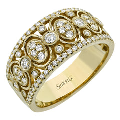 Crafted from 18k yellow gold, this wide fashion ring contains with .52 ctw of white diamonds set within repeating round and oval shapes, creating a lovely effect.