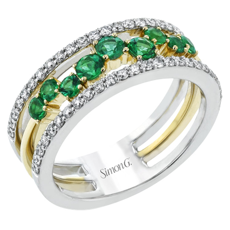 This ring features a meandering path of .49 ctw offset emeralds in it midst, flanked by .38 ctw white diamonds along the edges.