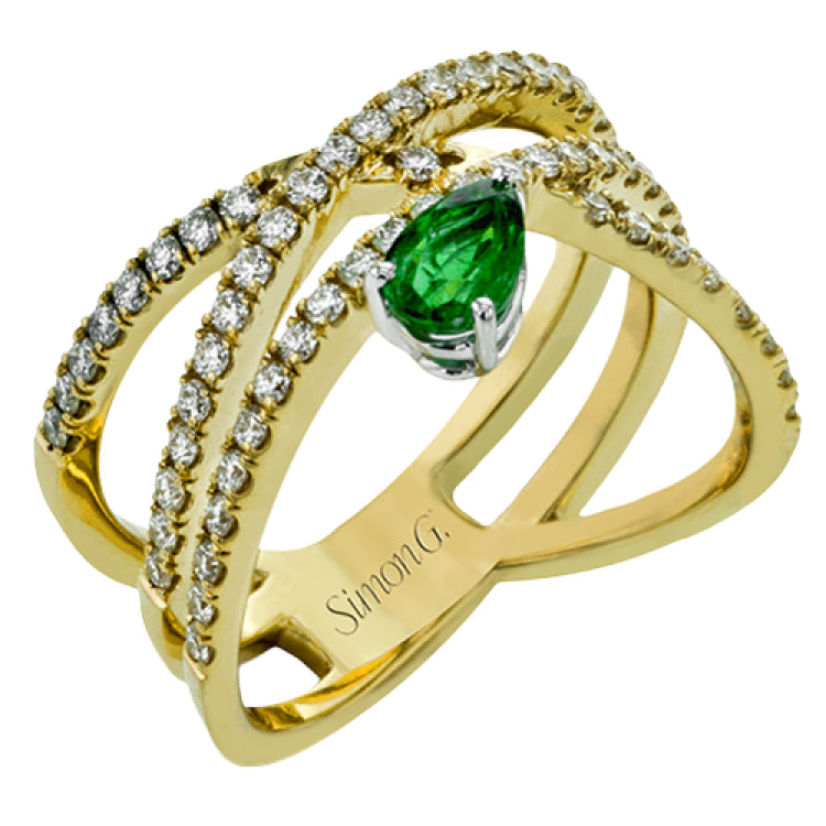 This modern right hand ring crafted in 18K gold features .61cttw white diamonds and a .39ct emerald.