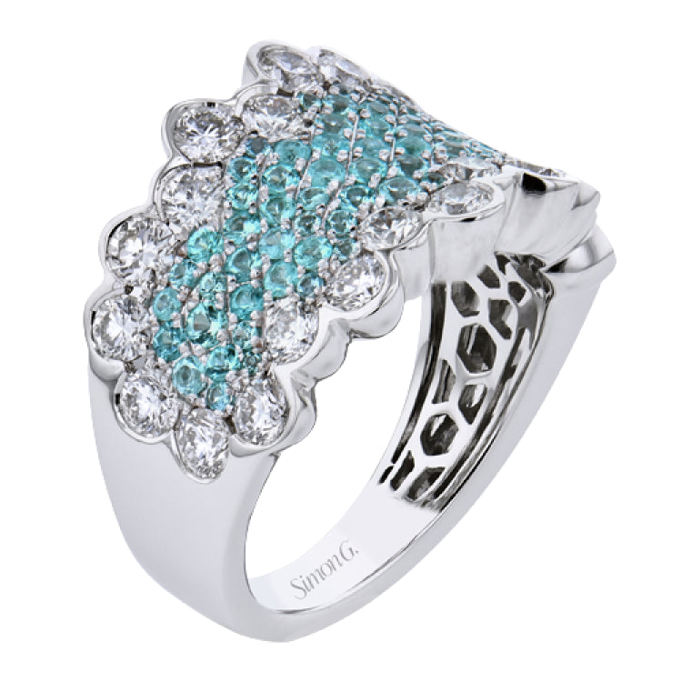 This wonderful fashion ring showcases .62 ctw of bright blue-green paraiba tourmaline in the center, surrounded by 1.91 ctw of white diamonds.