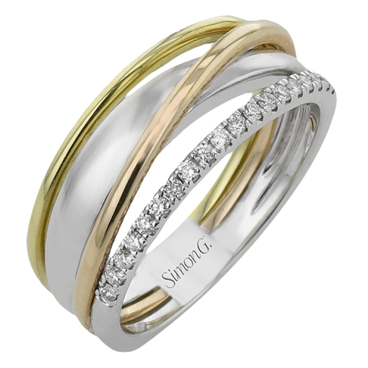 Interlocking rings of three-tone gold are accentuated with .15 ctw of round white diamonds to make this strikingly modern band truly special