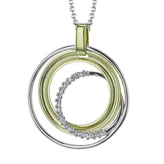 Interlocking rings of white and rose gold are accented with a subtle .13 ctw of white diamonds in this sophisticated pendant design