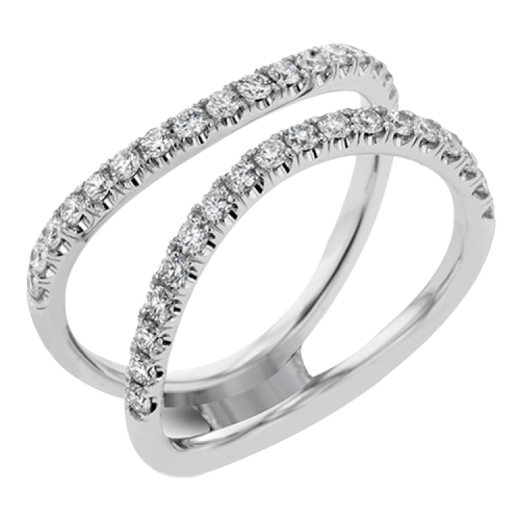 This distinctive bridal set design features a double-layer wedding band that fits around the engagement ring. The set contains .77 ctw of white diamonds.