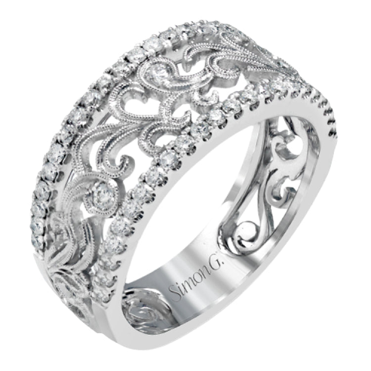 This vintage-inspired 18k white gold band features a detailed, floral design bordered by .52 ctw of white round brilliant diamonds.