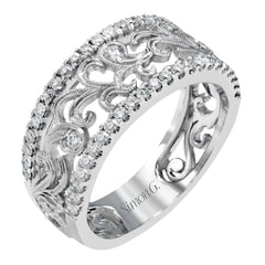 This vintage-inspired 18k white gold band features a detailed, floral design bordered by .52 ctw of white round brilliant diamonds.