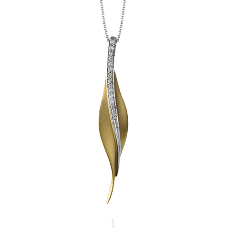 Featuring a contemporary leaf-like design, this striking yellow gold pendant contains a brilliant pilaster of .13 ctw shimmering round cut white diamonds.