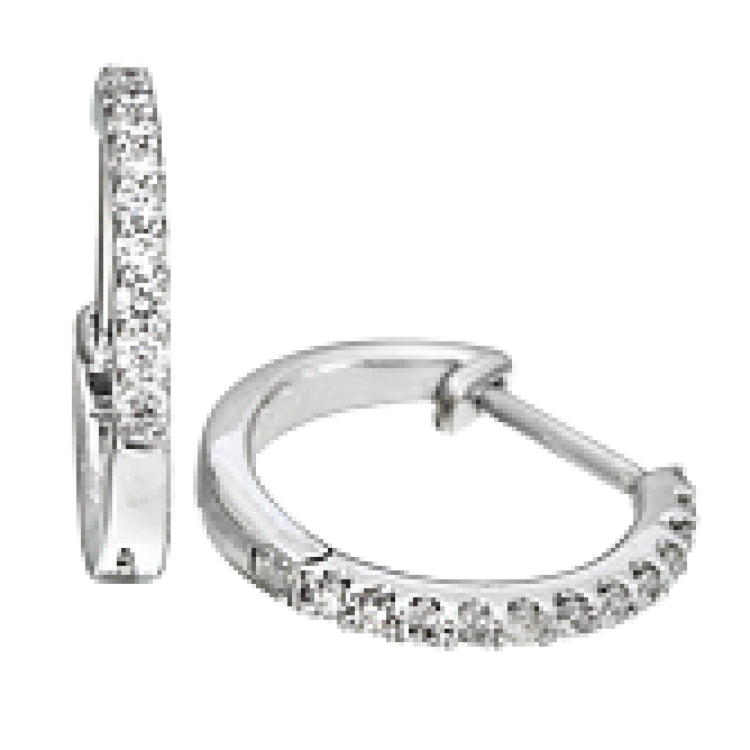 Featuring a classic hoop style with modern accents, these sparkling white gold earrings are accentuated by .17 ctw of round cut white diamonds.