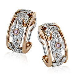 The intricate floral design of these elegant two-tone classic style earrings is accentuated by .04 ctw of round cut yellow diamonds and .23 ctw of round cut white diamonds in an arresting yellow and rose gold setting.