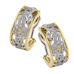 Featuring a delicate floral design, these two-tone vintage style earrings are set with .23 ctw of round cut white diamonds and .04 ctw of round yellow diamonds in a shimmering yellow and white gold setting.
