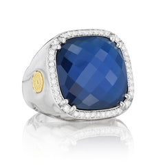 TACORI Sterling Silver and Gold Pave Cushion Gem Ring featuring Blue Quartz over Hematite Gemstone