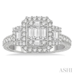 7/8 Ctw Octagonal & Rectangular Mount Baguette and Round Cut Diamond Engagement Ring in 14K White Gold