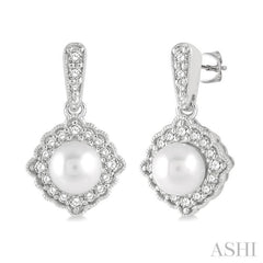 6 MM Cultured Pearl and 1/4 Ctw Round Cut Diamond Halo Earrings in 10K White Gold