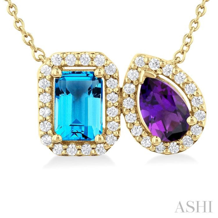 7X5 MM Emerald Cut Blue Topaz & Pear Cut Amethyst and 1/4 Ctw Toi Et Moi Round Cut Diamond Pendant With Chain in 14K Yellow Gold