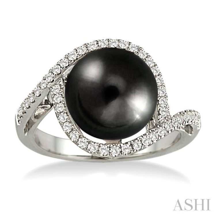 11 MM Black Cultured Pearl and 1/3 Ctw Round Cut Diamond Ring in 14K White Gold