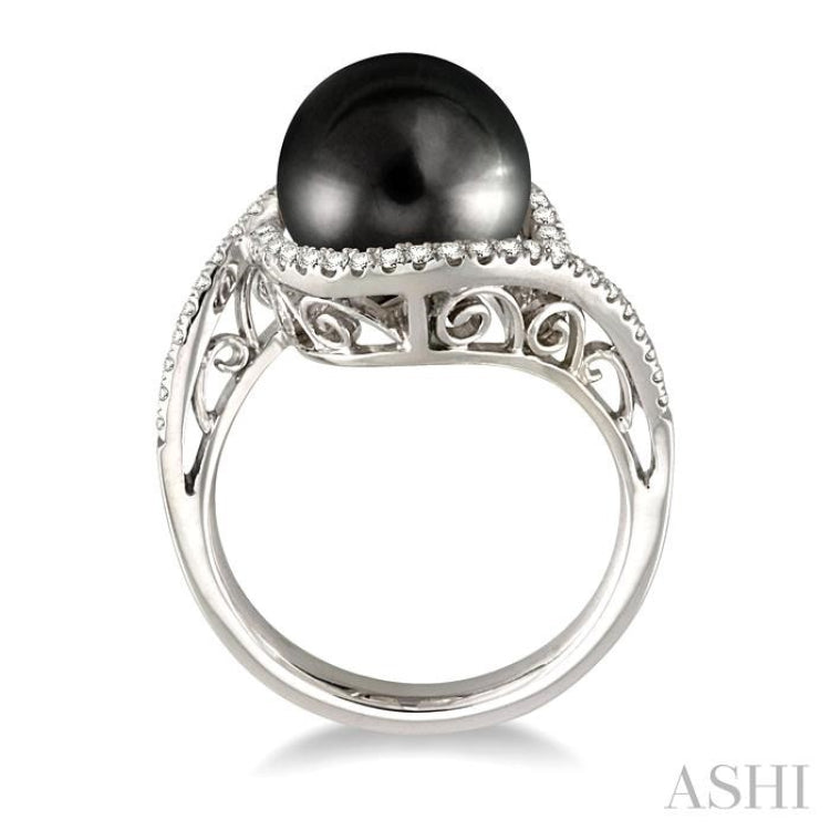 11 MM Black Cultured Pearl and 1/3 Ctw Round Cut Diamond Ring in 14K White Gold