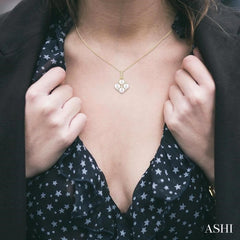 4 MM Floral Round Shape Cultured Pearl and 1/10 Ctw Round Cut Diamond Fashion Pendant With Chain in 10K Yellow Gold