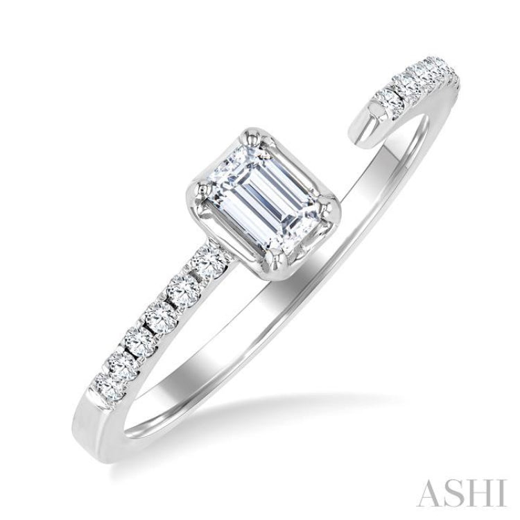 3/8 Ctw Emerald and Round Cut Diamond Fashion Open Ring in 14K White Gold