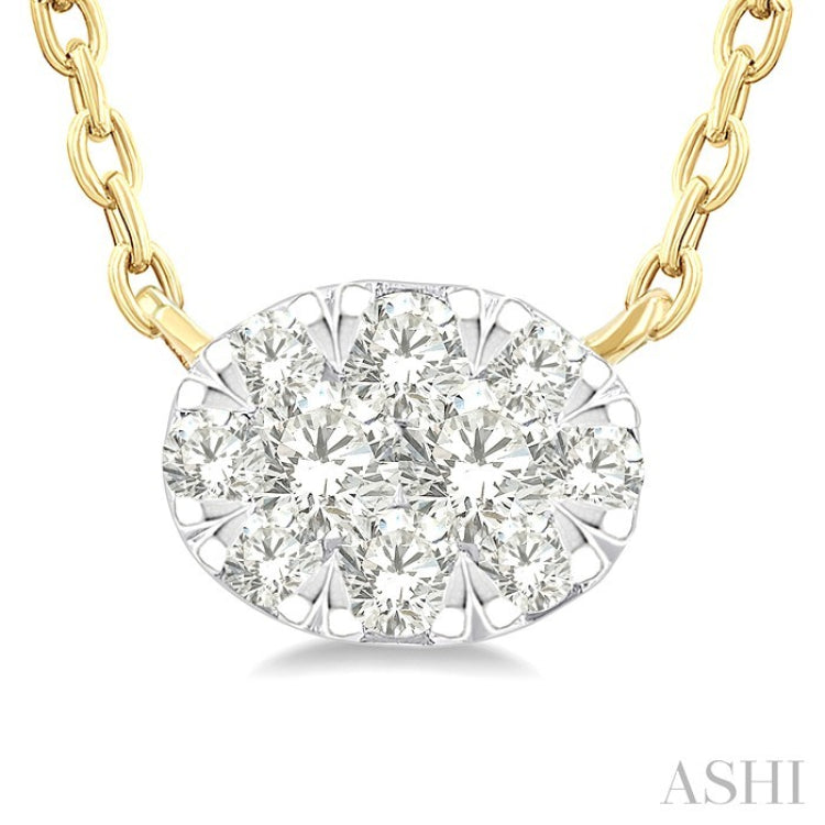 1/10 Ctw Lovebright Petite East-West Set Oval Shape Round Cut Diamond Fashion Pendant With Chain in 10K Yellow Gold