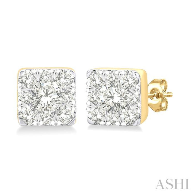 1/6 Ctw Lovebright Petite Square Shape Round Cut Diamond Fashion Stud Earring in 10K Yellow Gold
