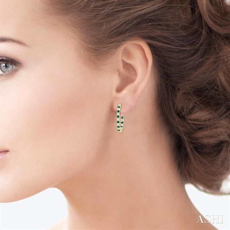 1.8 MM Emerald and 1/2 Ctw Round Cut Inside-Out Diamond Precious Hoop Earrings in 14K Yellow Gold