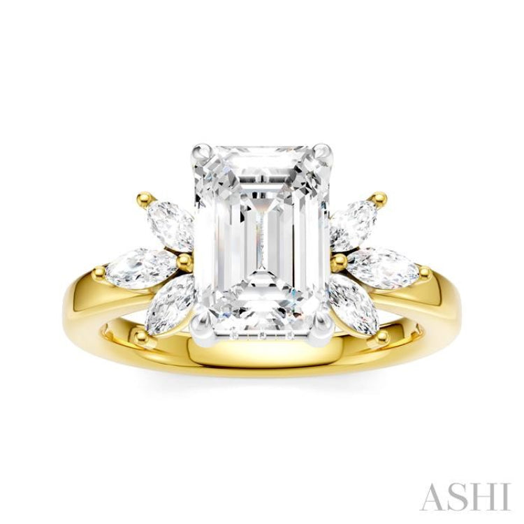 1/2 Ctw Emerald Shape Marquise and Round Cut Diamond Semi-Mount Engagement Ring in 14K Yellow and White Gold