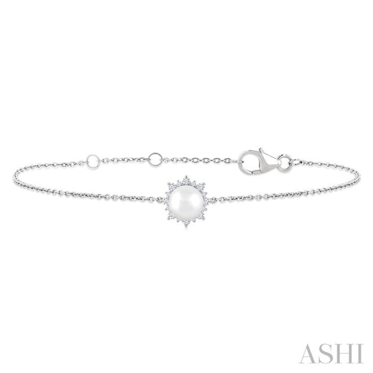 6 MM Round Shape Cultured Pearl and 1/10 Ctw Petite Round Cut Diamond Halo Bracelet in 10K White Gold