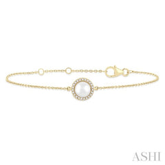 6 MM Round Shape Cultured Pearl and 1/20 Ctw Round Cut Diamond Petite Halo Bracelet in 10K Yellow Gold
