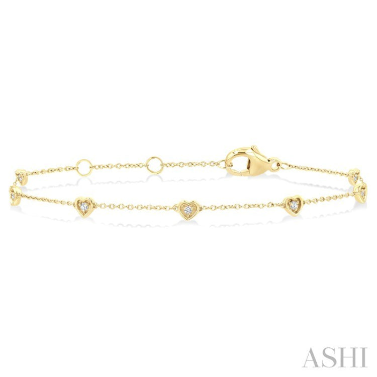 1/10 Ctw Petite Heart Round Cut Diamond Station Bracelet in 10K Yellow Gold