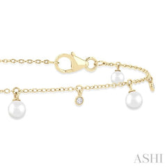 3 MM Round Shape Cultured Pearl and 1/20 Ctw Round Cut Diamond Station Bracelet in 14K Yellow Gold