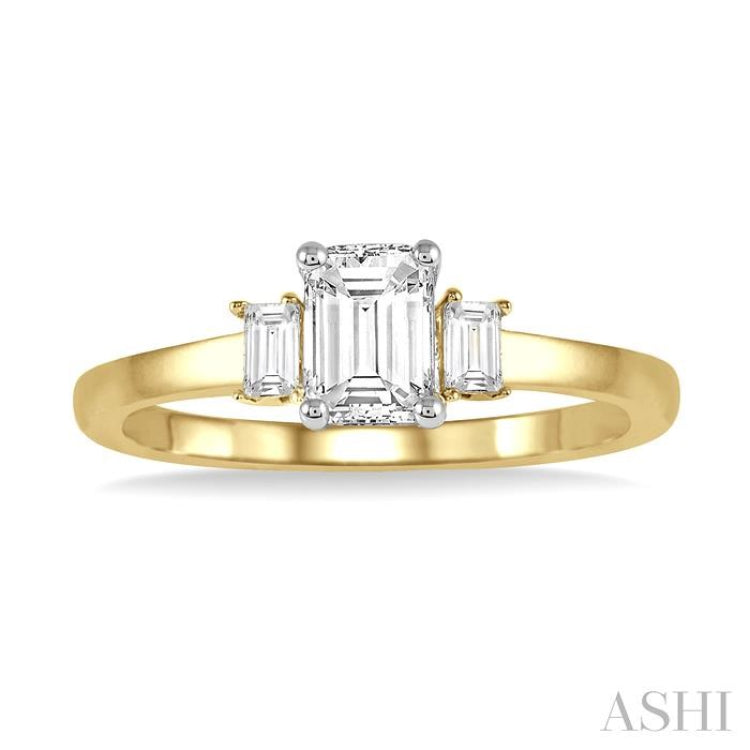 3/8 Ctw Octagonal and Baguette Diamond Ladies Engagement Ring with 1/3 Ct Emerald cut Center Stone in 14K Yellow and White Gold