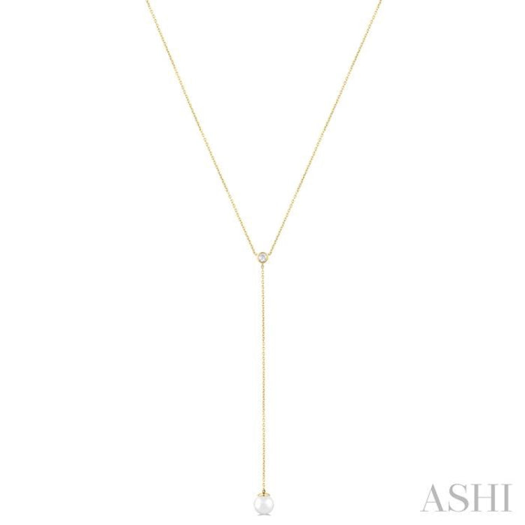 7 MM Round Shape Cultured Pearl and 1/20 Ctw Round Cut Diamond Lariat Necklace in 14K Yellow Gold