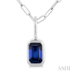 6x4 MM Bezel Set Emerald Cut Sapphire Precious Fashion Pendant With Paperclip Chain in 14K White Gold
