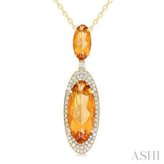 18x8 MM & 10x5 MM Oval Cut Citrine and 1/3 Ctw Round Cut Diamond Halo Semi-Precious Pendant With Chain in 14K Yellow Gold